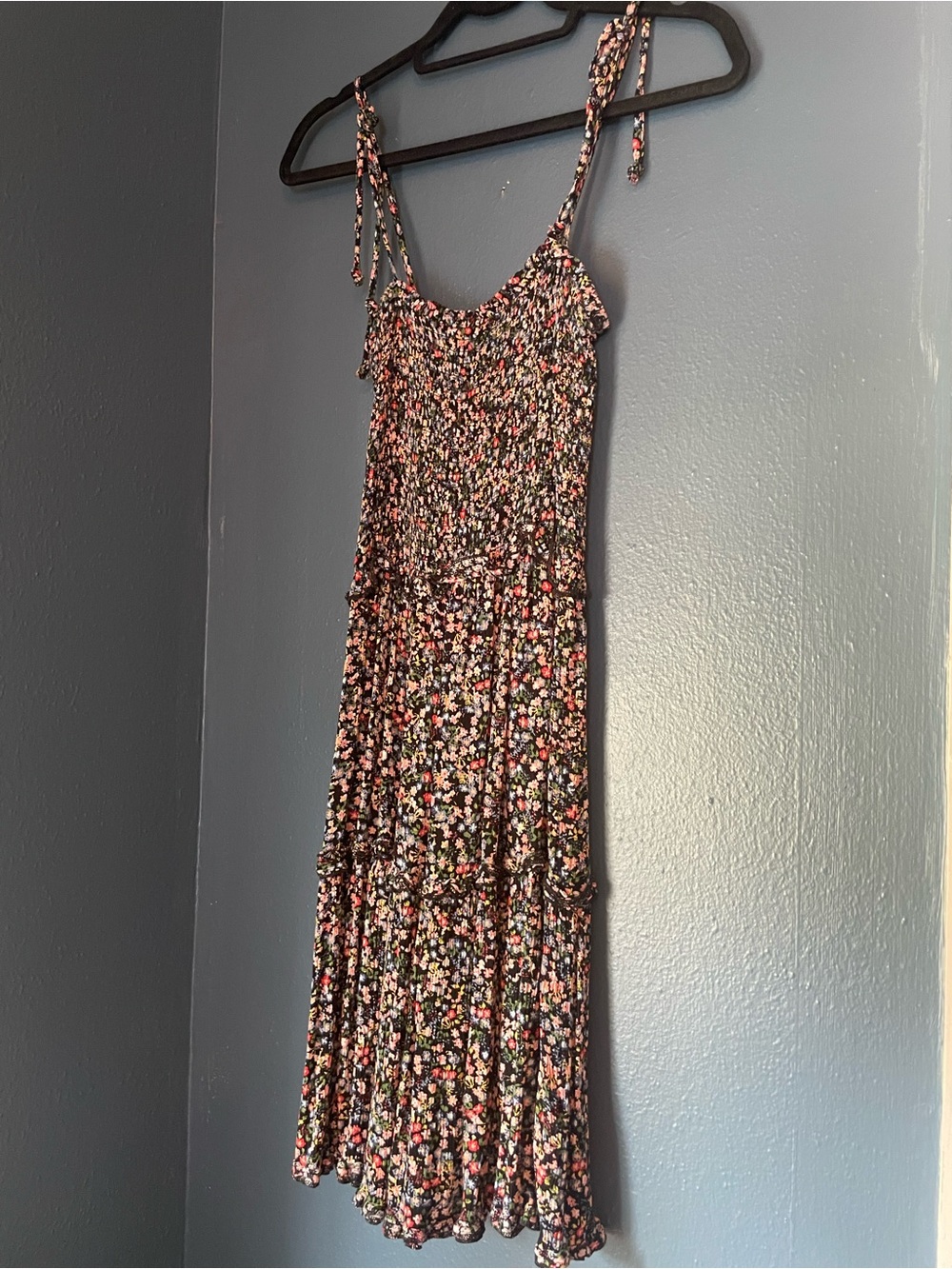 wild fable Black Floral Smocked Mini Dress with Tie Straps